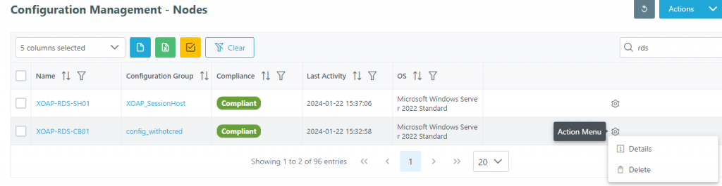 action menu in configuration management nodes