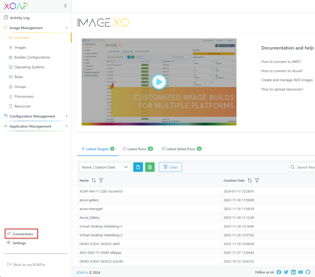 connections area in XOAP in the lower left corner