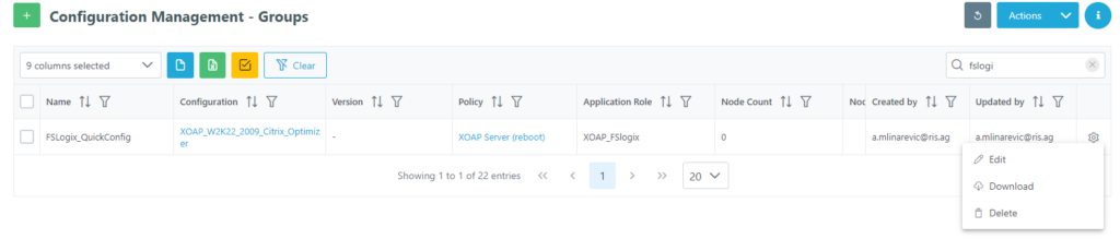 configuration management groups dropdown menu