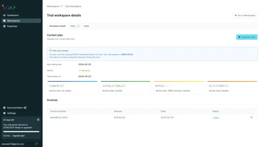 Trial workspace details