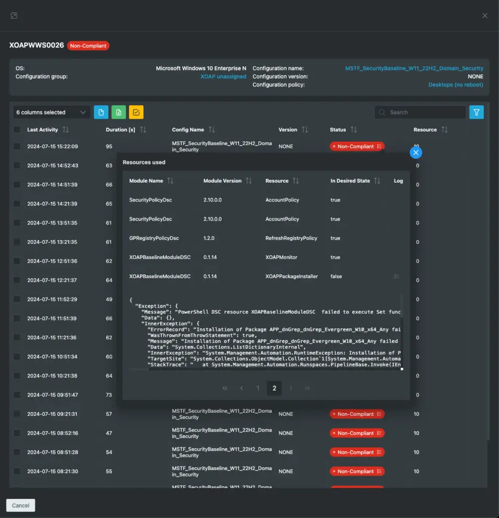 Non-compliant state of a node