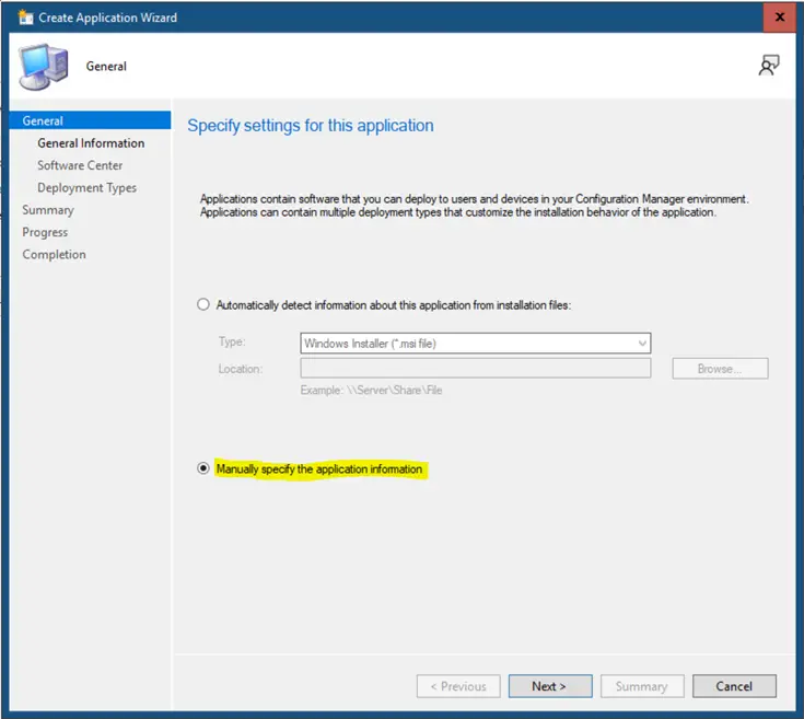 Select the option called Manually specify the application information