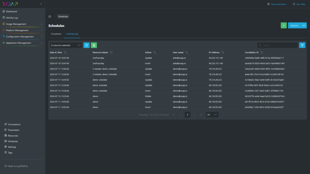 Schedules activity log