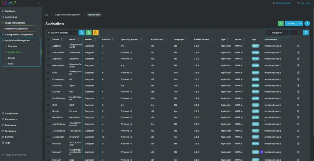 Application management in XOAP with versioning