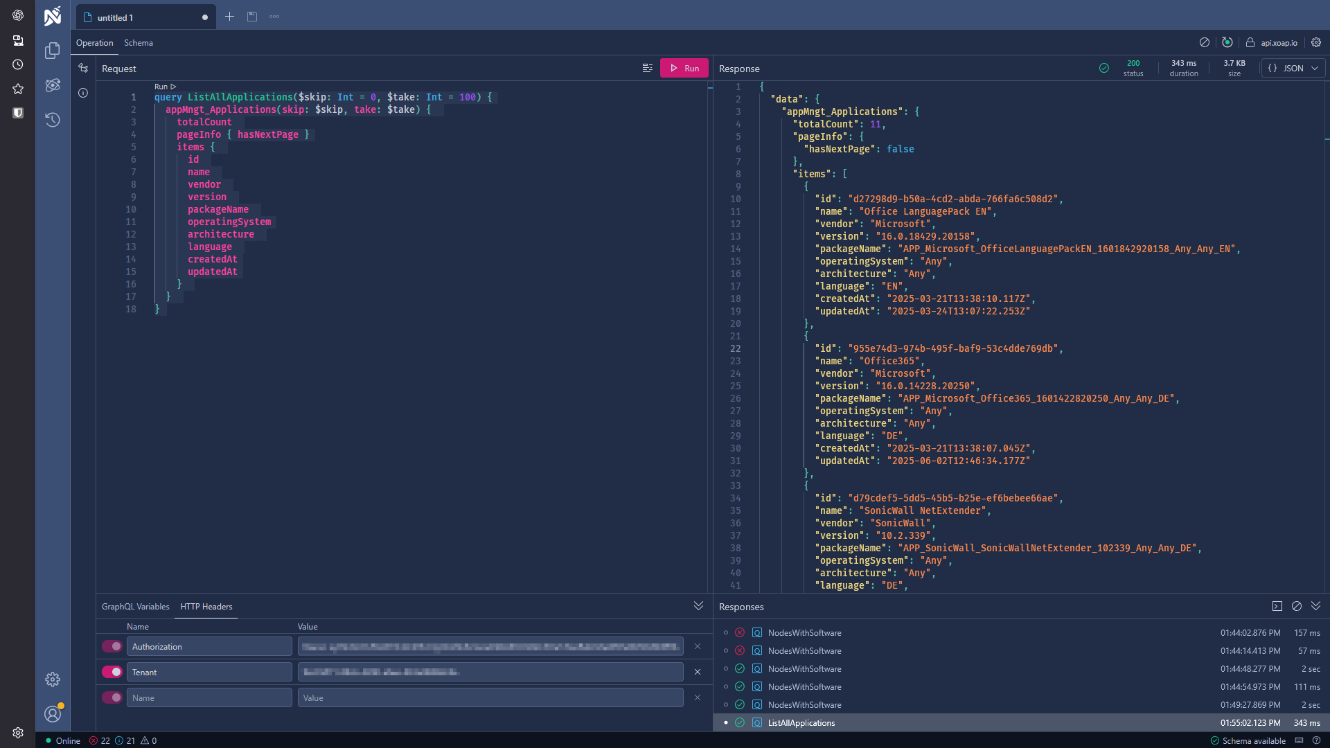 GraphQL | XOAP | What you can do | Example | Get a list of all applications available in Application Management